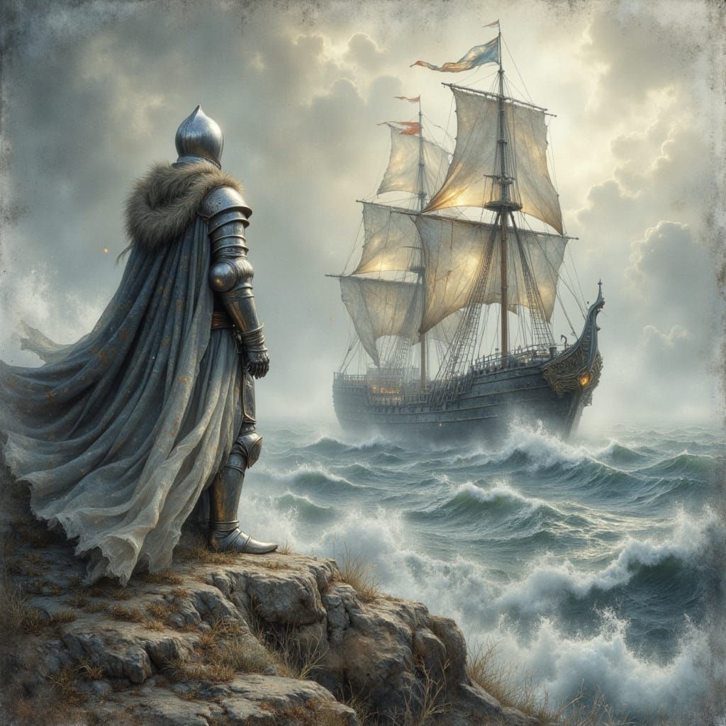 Spectral Galleon at Sea in Medieval Style