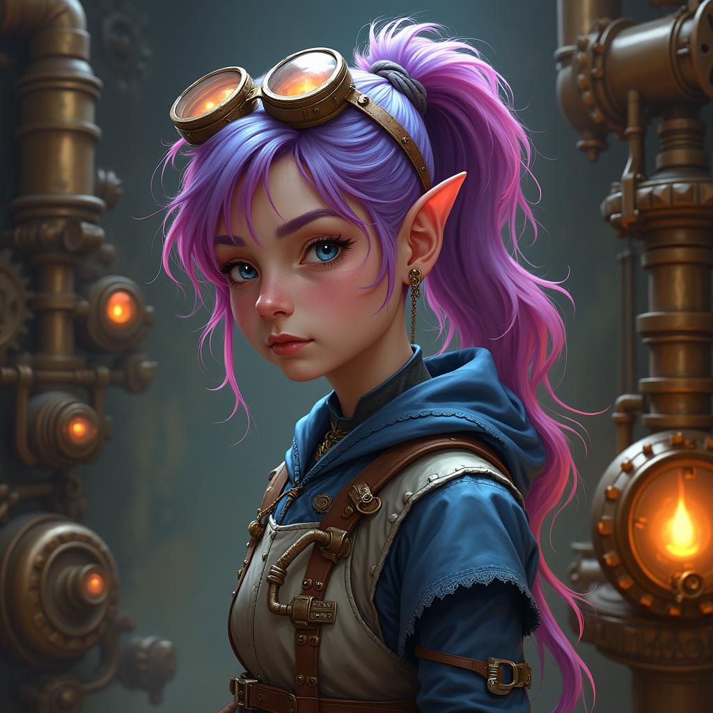 Eladrin Artificer in Steampunk Workshop, Hyperrealistic Port...