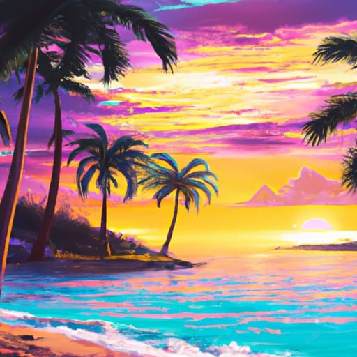 Tropical Beach Sunset in Detailed Digital Painting