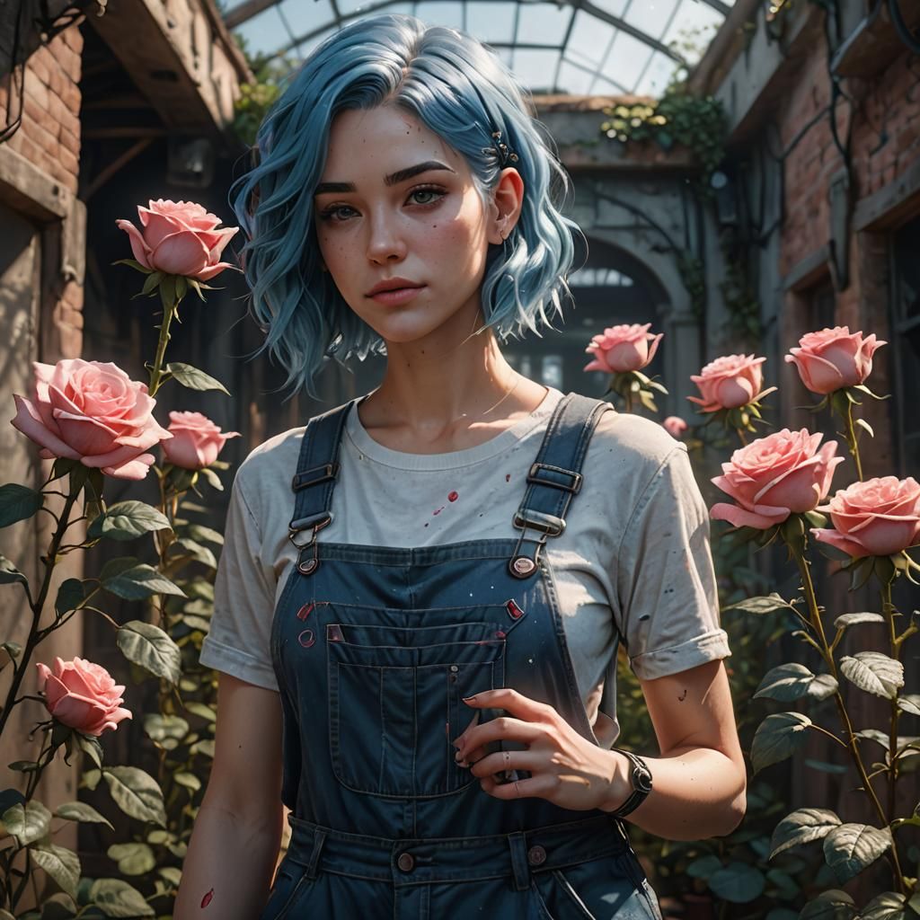 Blue-Haired Girl Growing Rose: Detailed Matte Painting