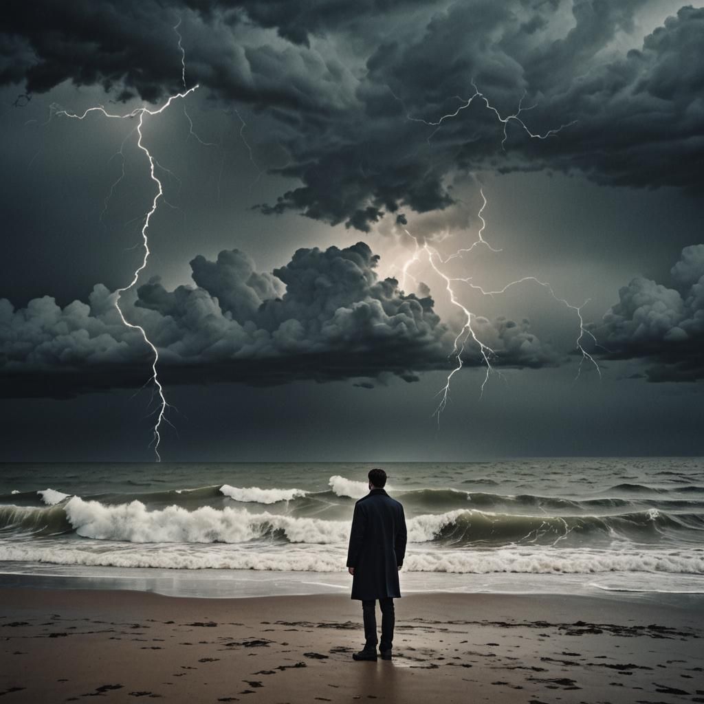Monochromatic Seascape: Man Overlooking Stormy Sea