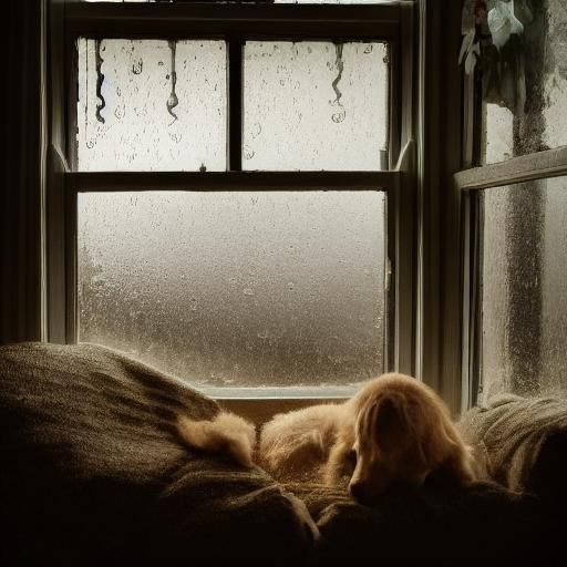 A rainy night viewed through a window, with a cozy nook and a pet curled up nearby