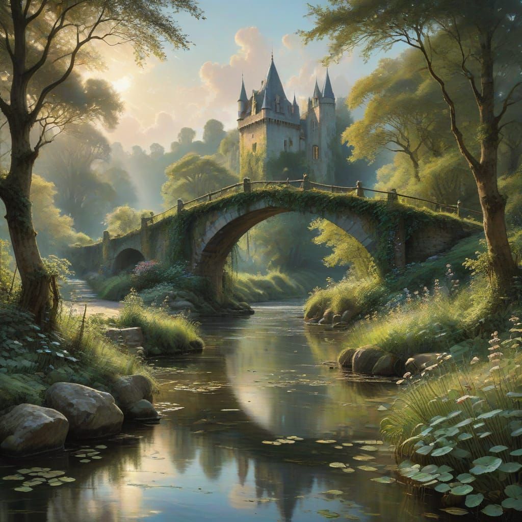 Whimsical Riverscape with Quaint Bridge and Fairytale Castle