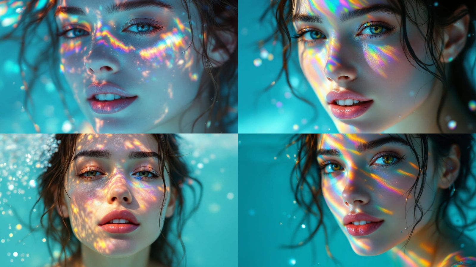 Woman Glowing with Soft Water Droplets in a Surreal Aquatic...