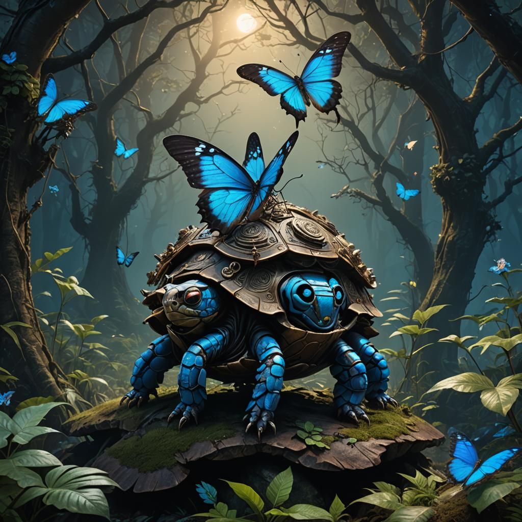 Steampunk Butterfly on Turtle in Magic Forest