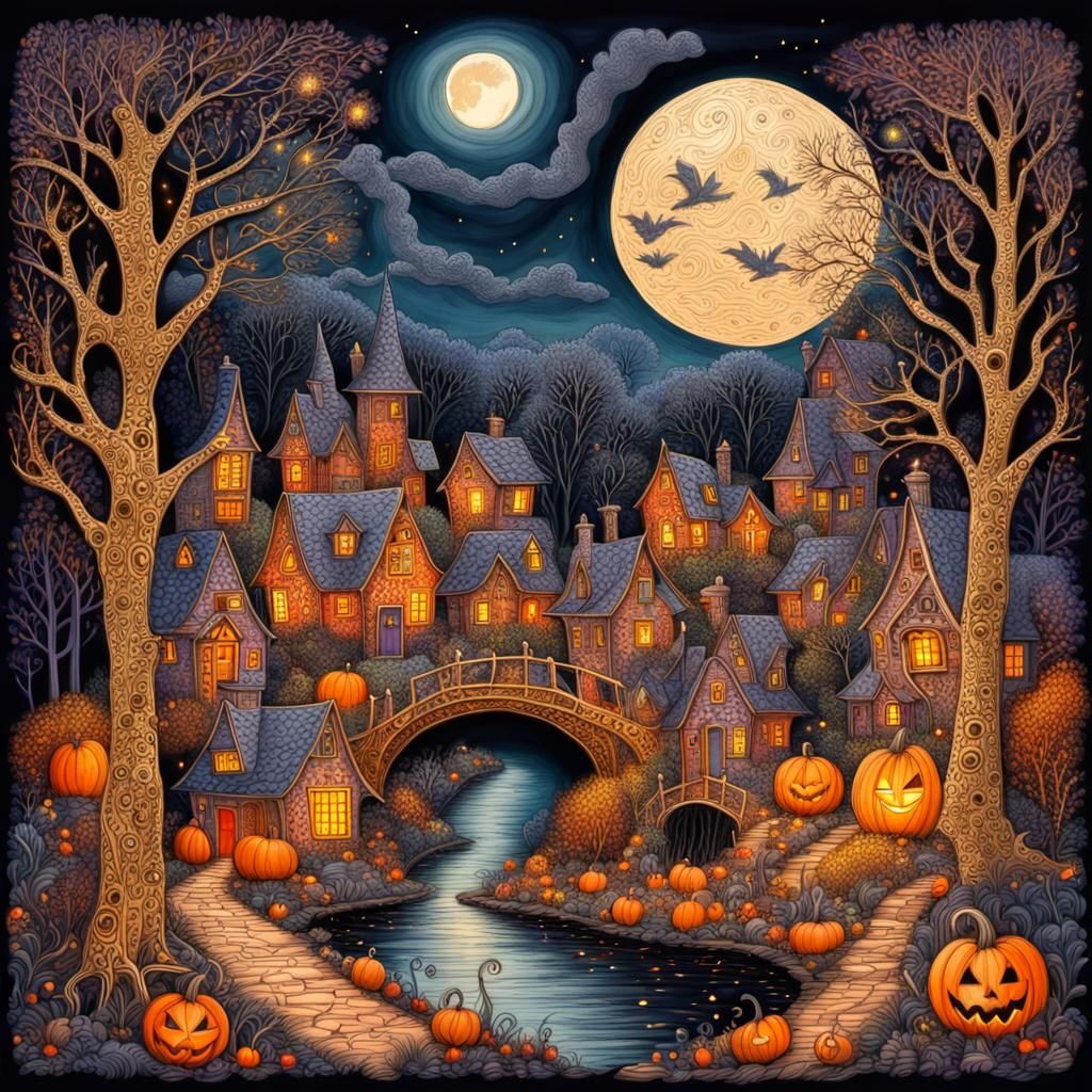 Enchanting Halloween Village in Naive Art Style