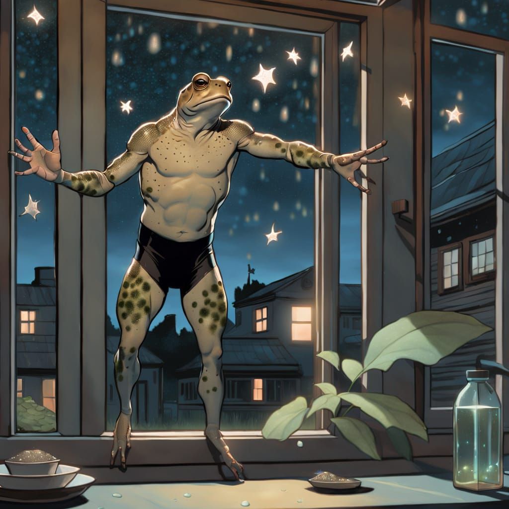 Mysterious Toad at Window Under Starry Night Sky