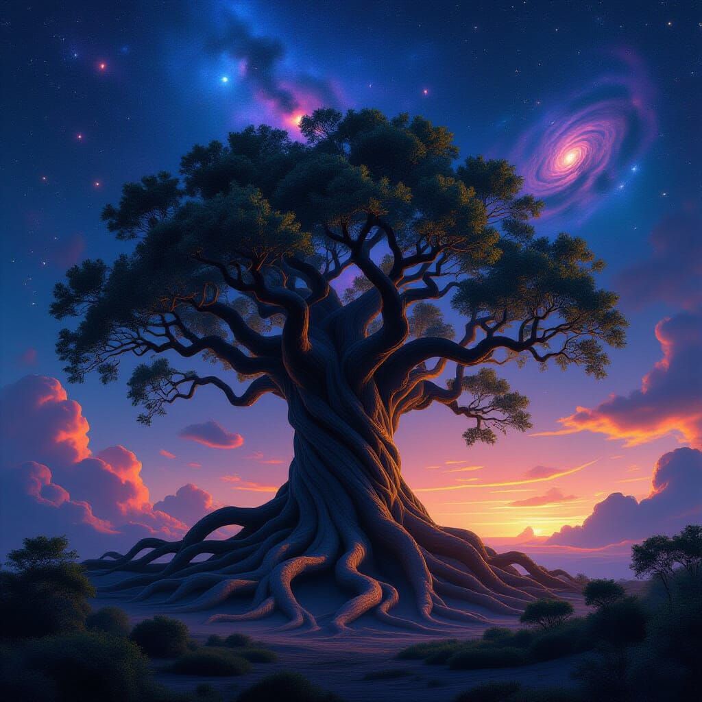 Ancient Tree with Geometric Roots in Cosmic Sky