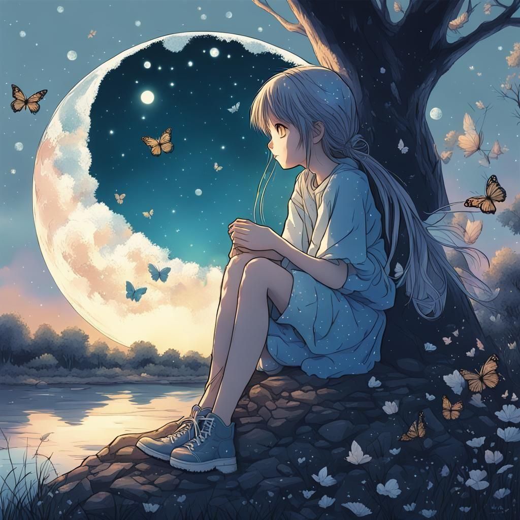 Anime Glass Girl Under Giant Moon