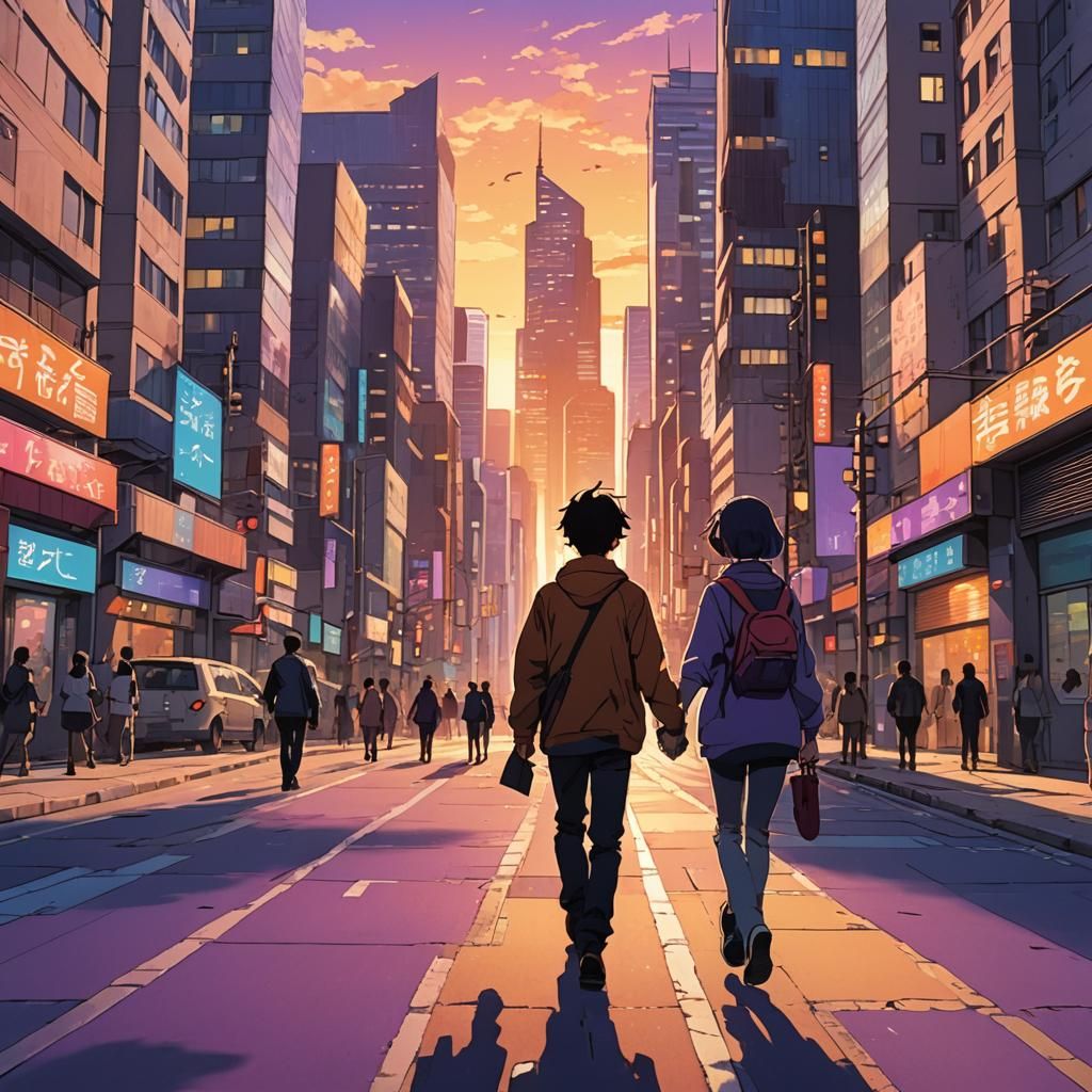 Sunset City Street Scene in Anime Style