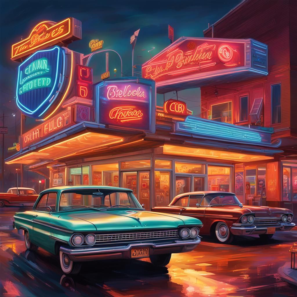 1960s Americana Town in Hyperrealistic Splash Art