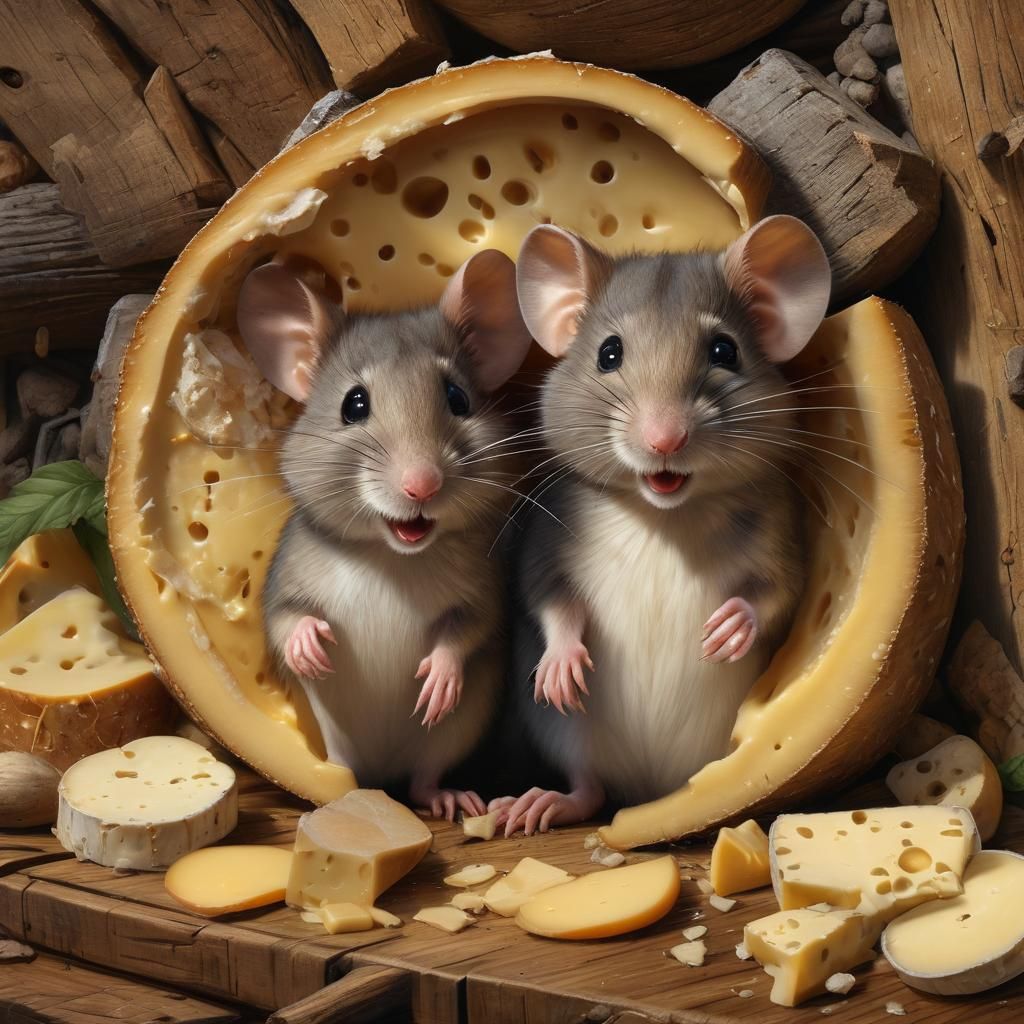 Mice at Cheese Cabin, Hyperdetailed Charcoal Drawing