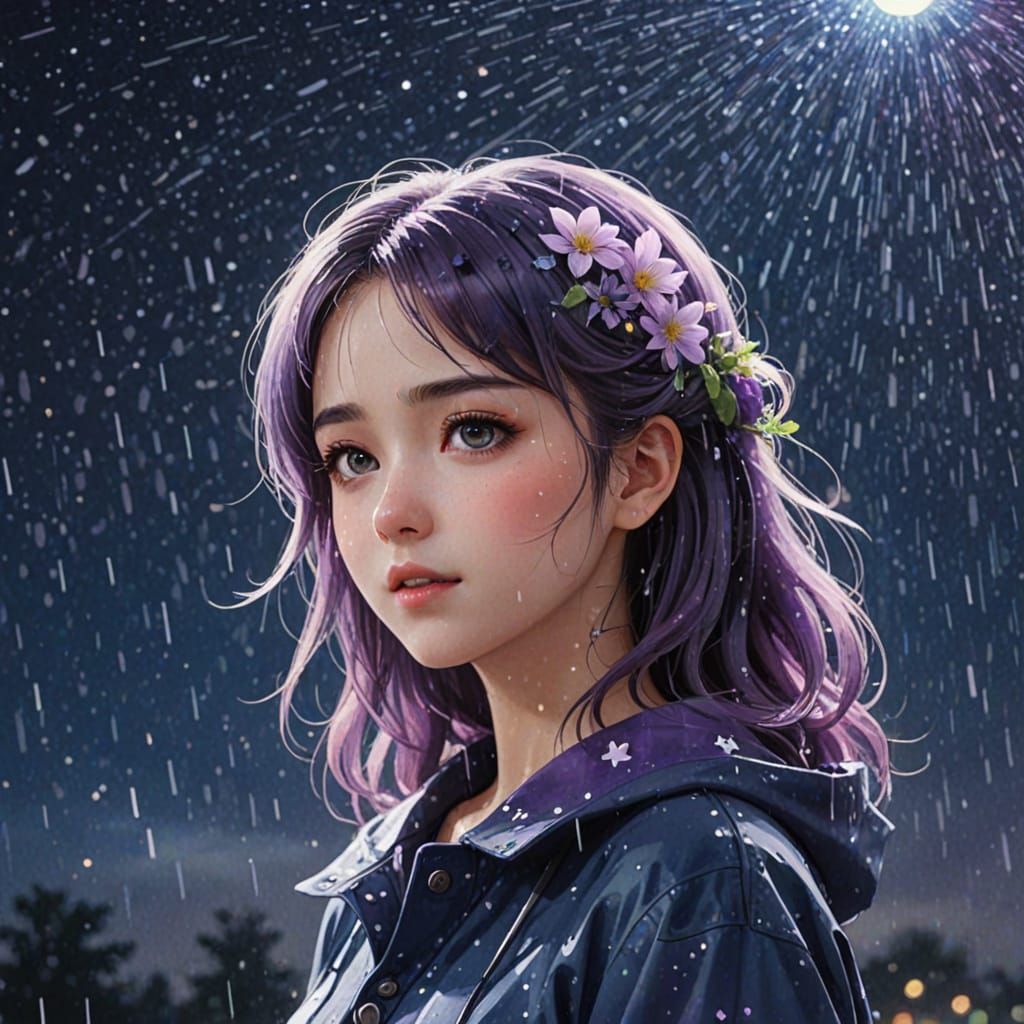 Whimsical Watercolor Anime Girl Under Starry Night Sky