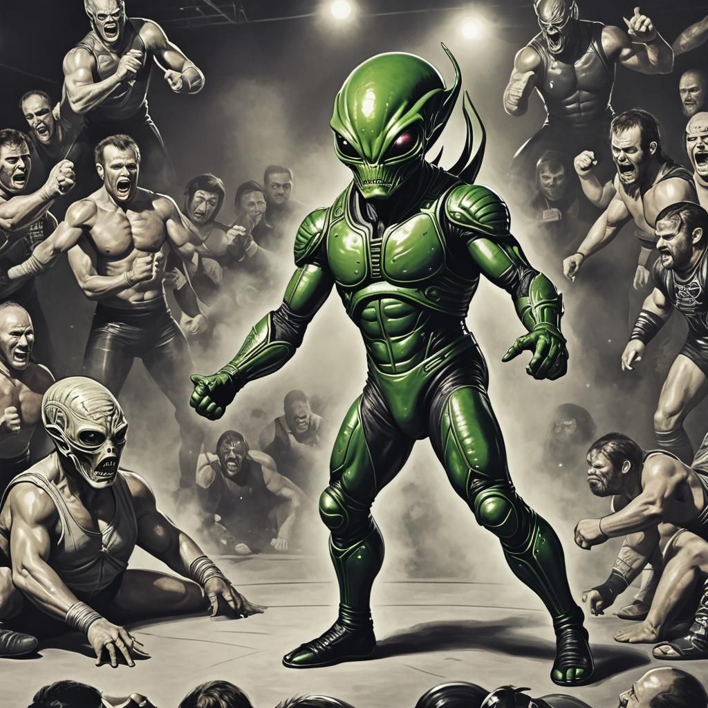 Alien Wrestling Extravaganza in Digital Art Style