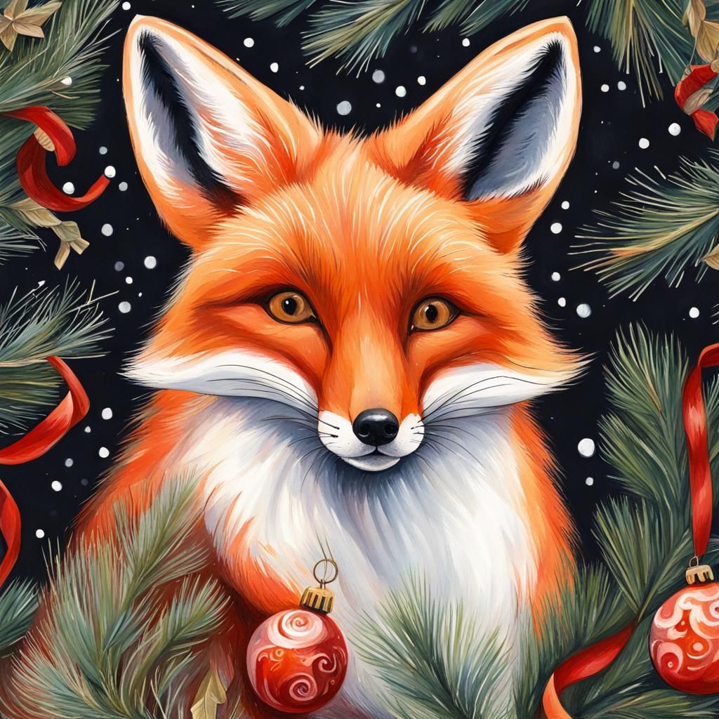 Festive Christmas Fox in Gouache Style