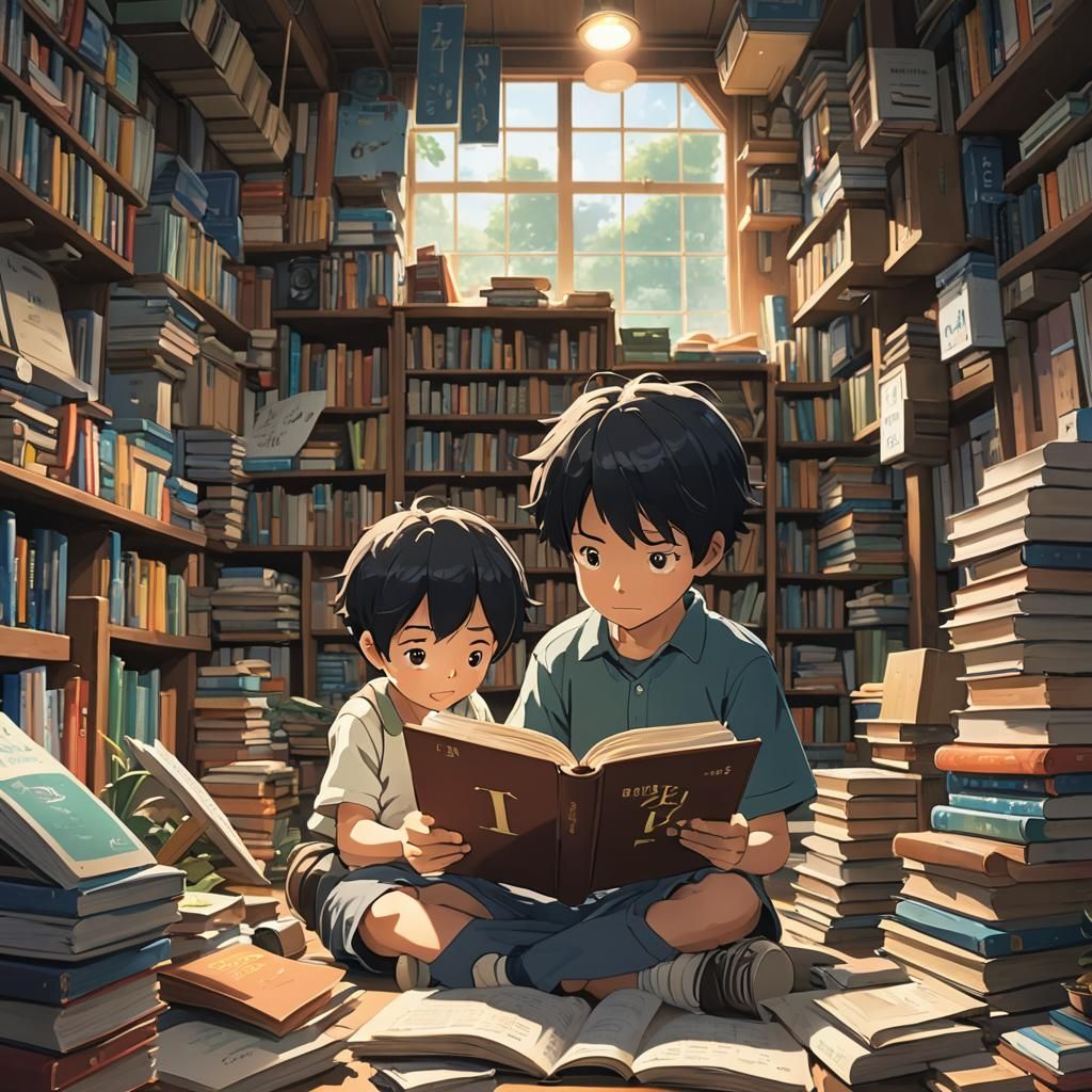 Boy Reading with Floating Letters, Anime Style