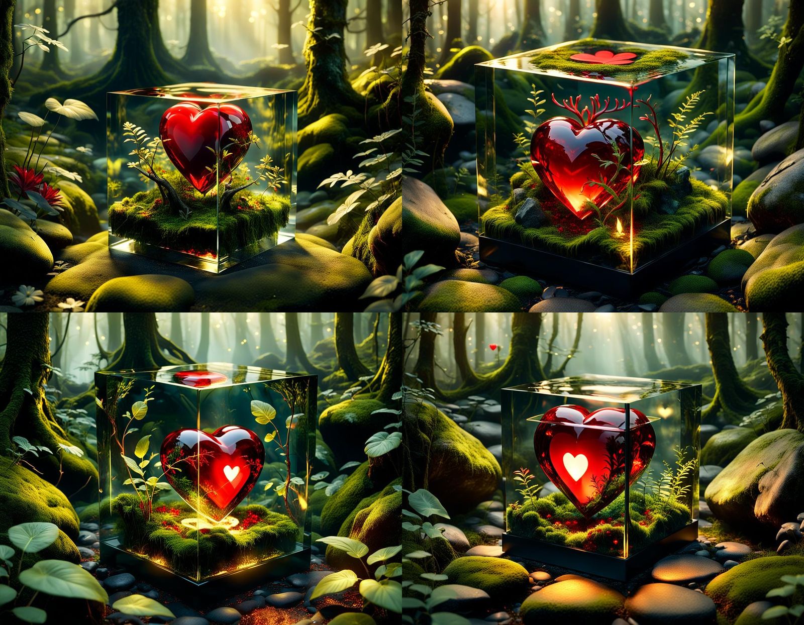 Glowing Heart in Glass Cube, Enchanted Forest Scene