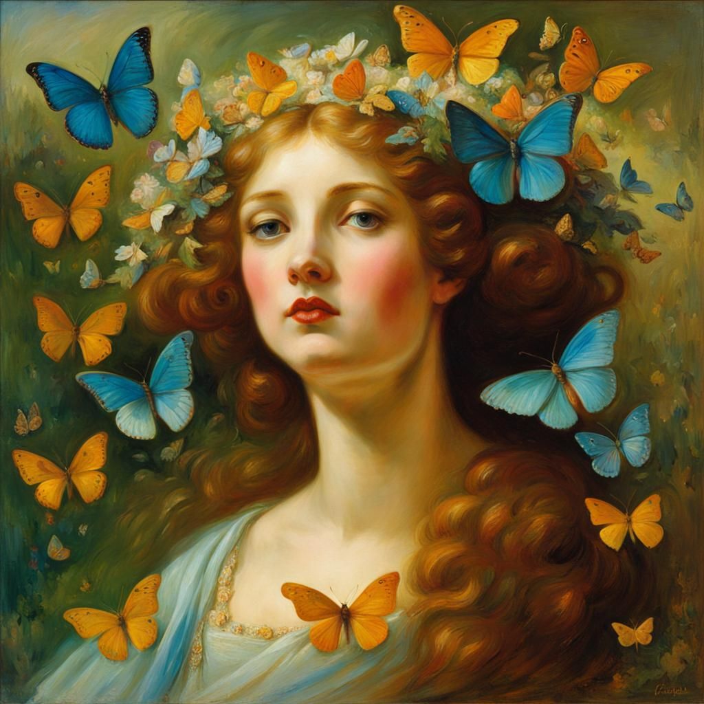 Woman Surrounded by Butterflies: Whimsical Illustration
