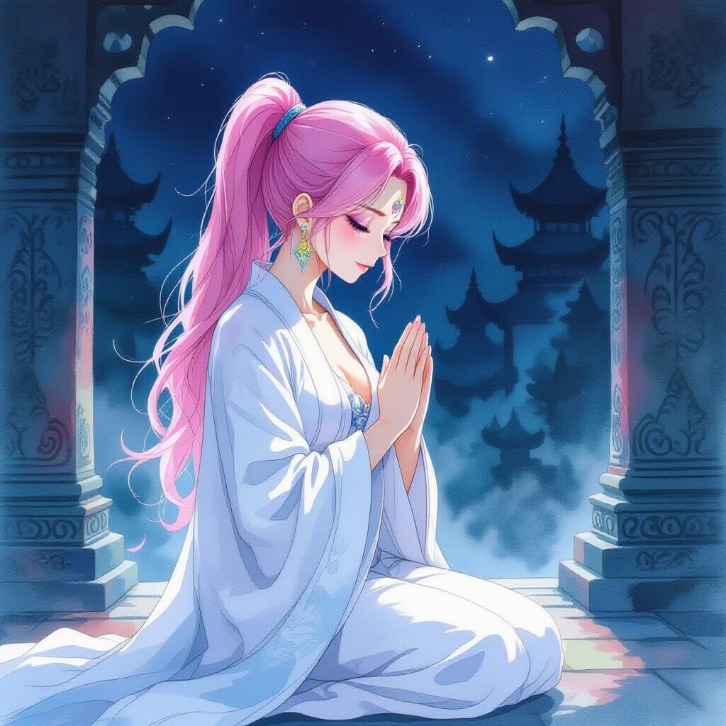 Pink Haired Woman Praying in Temple at Night