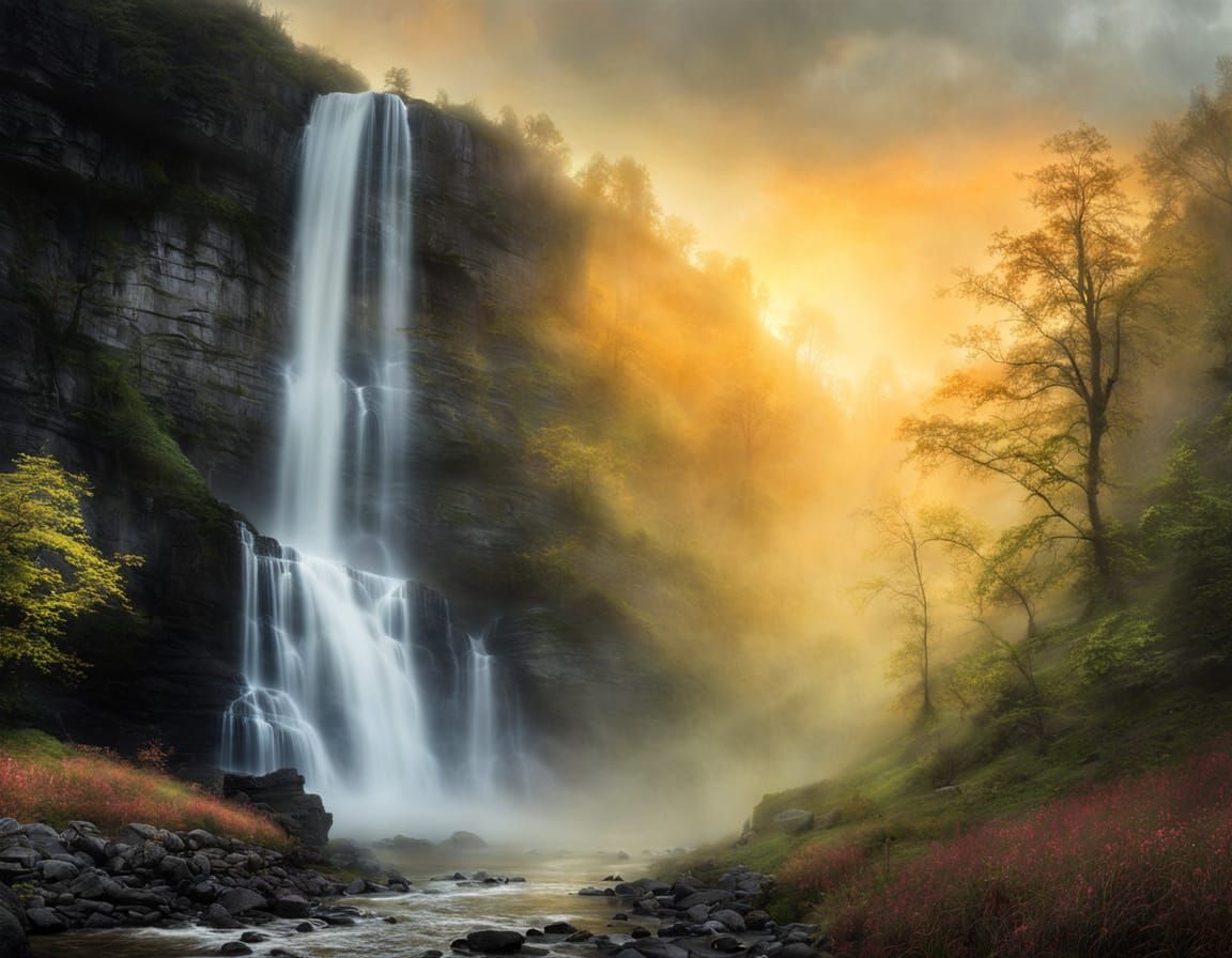 Misty Sunrise Waterfall Landscape