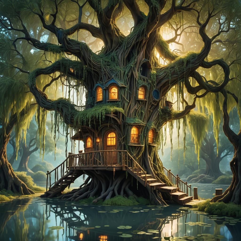 Whimsical Willow Treehouse Fantasy Art