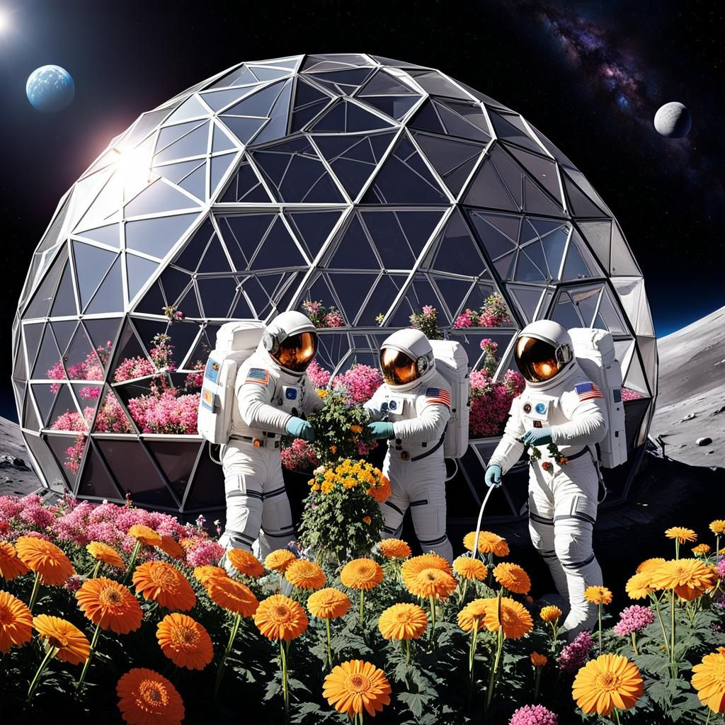 Lunar Garden: Astronauts Tend Flowers in Dome
