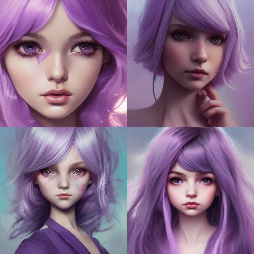 Lavender-Haired Girl Portrait in Art Nouveau Style