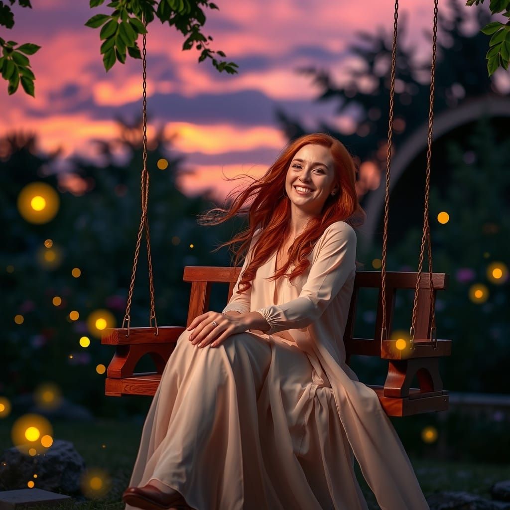 Red-Haired Woman on Swing in Magical Twilight Garden