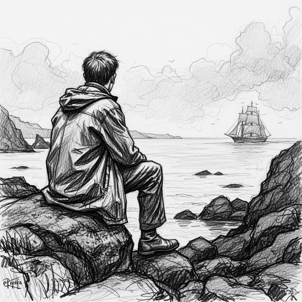 Pencil Sketch: Man Waiting for Ship on Coastline