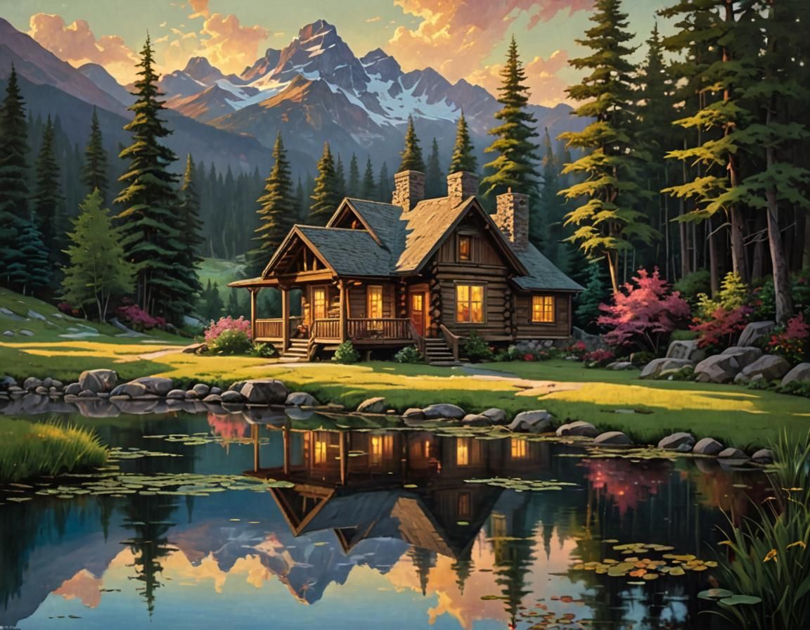 Charming Rustic Cabin at Sunset: Oil Painting