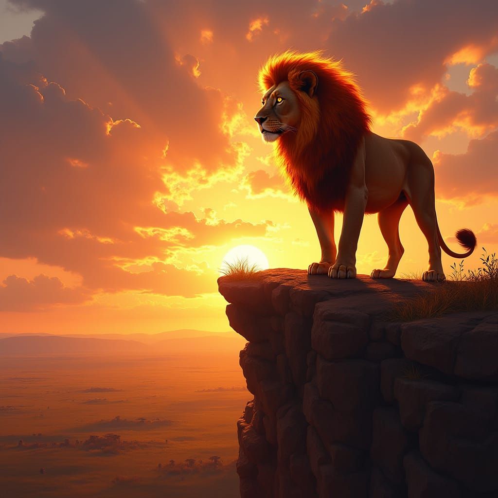 Majestic Lion Surrounded by Sunset Flames on a Rocky Cliff