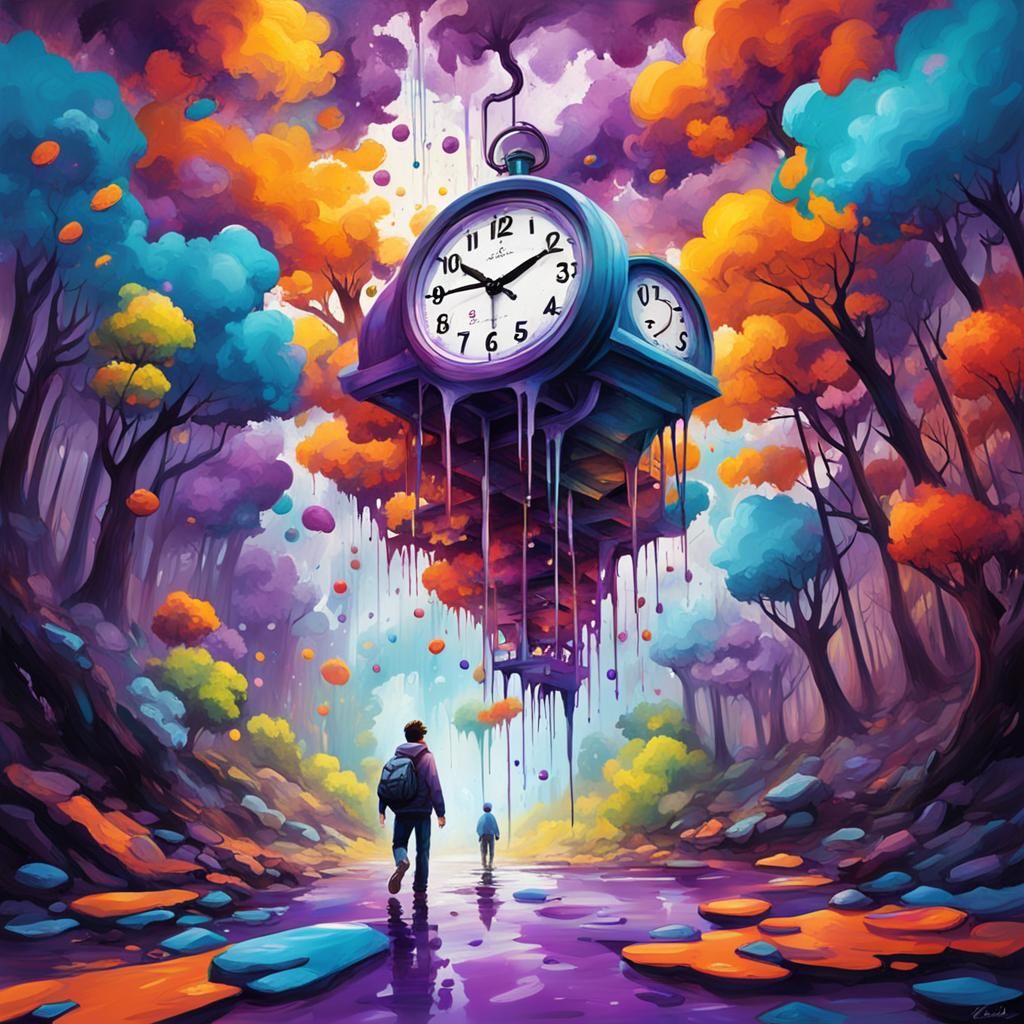 Surreal Forest Scene with Floating Clocks in Graffiti Style