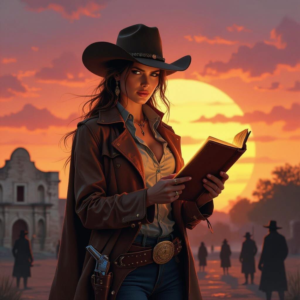 Cyber-Western Cowgirl at the Alamo in Vaporwave Sunset