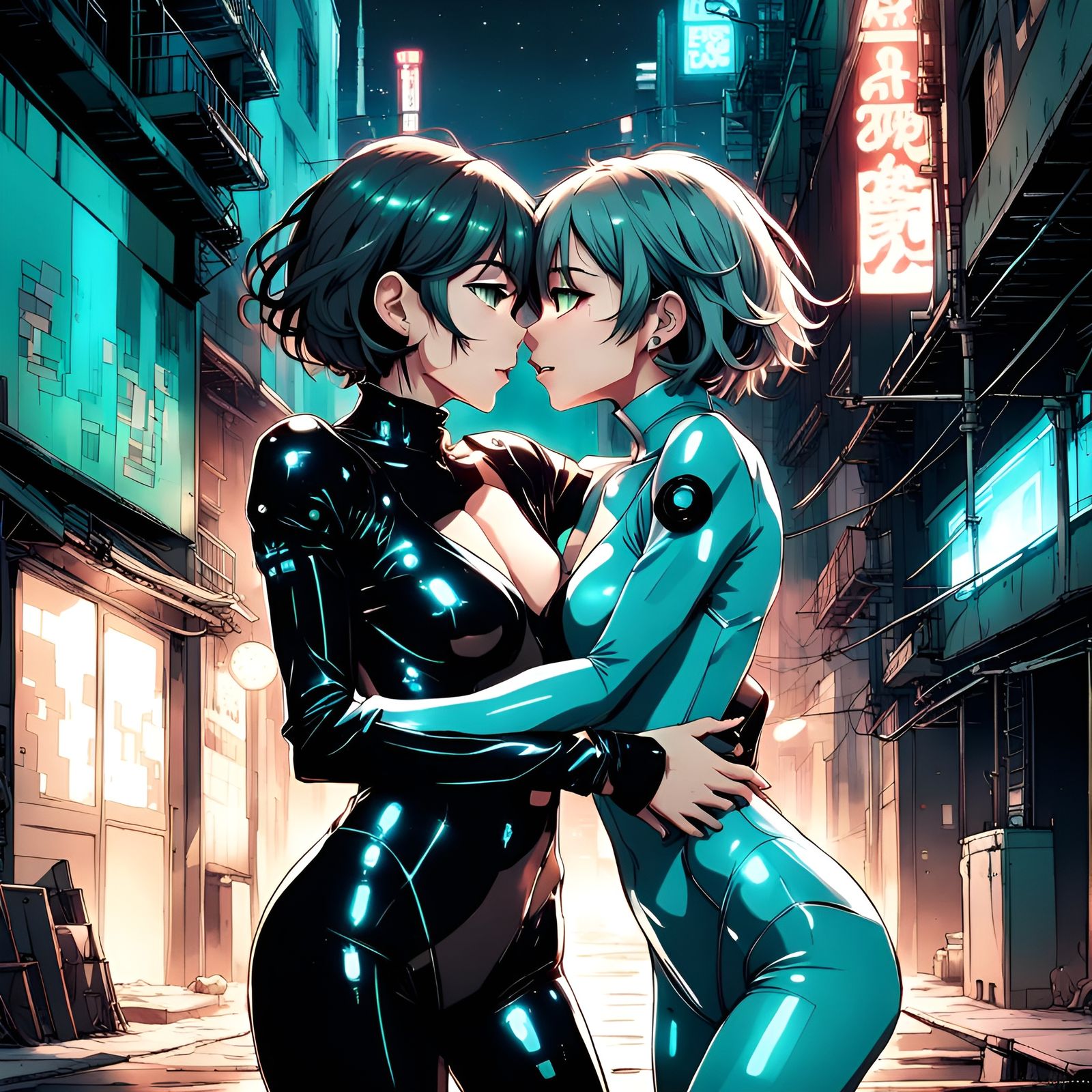 Cyberpunk Night: Women Embrace in Anime Style