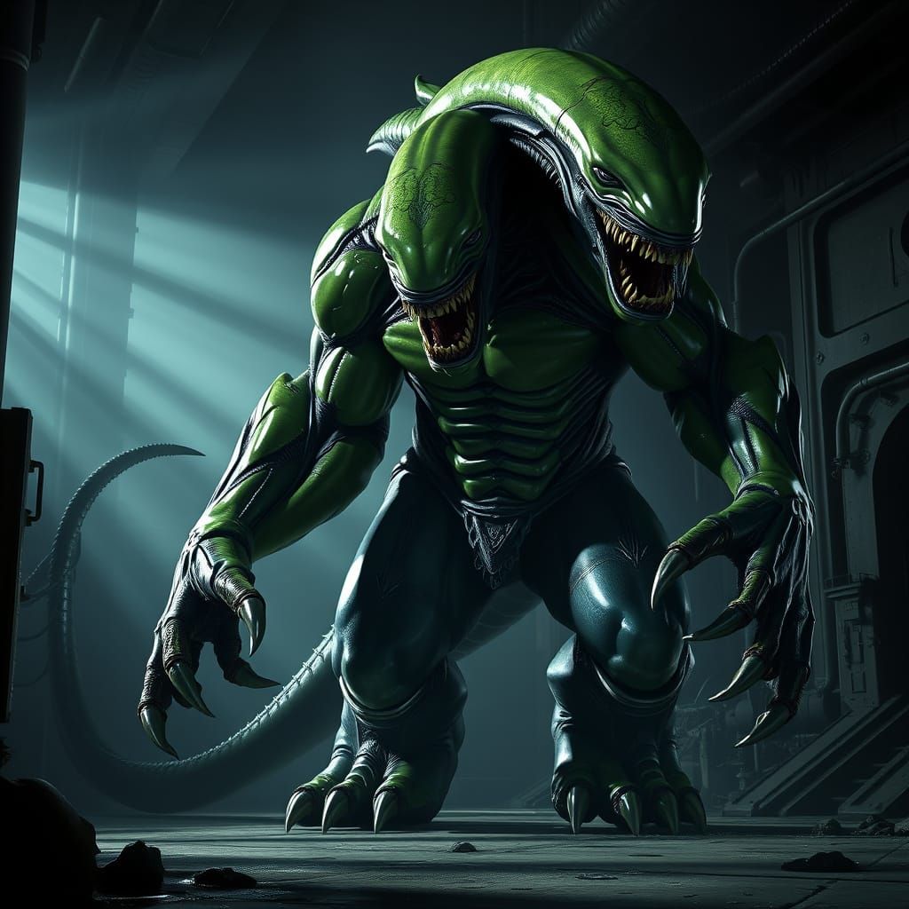 Ethereal Green Beast Emerges from Dark Industrial Landscape ...