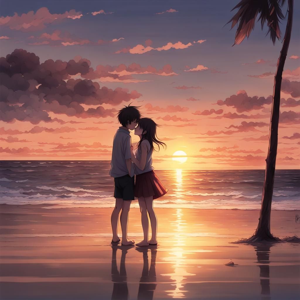 Romantic Beach Kiss in Anime Style