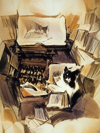 Poet Cat at Typewriter, Ink Drawing