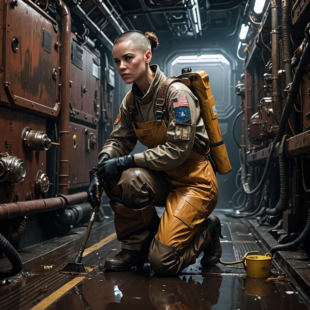 Exhausted Worker Cleaning Space Freighter Corridor