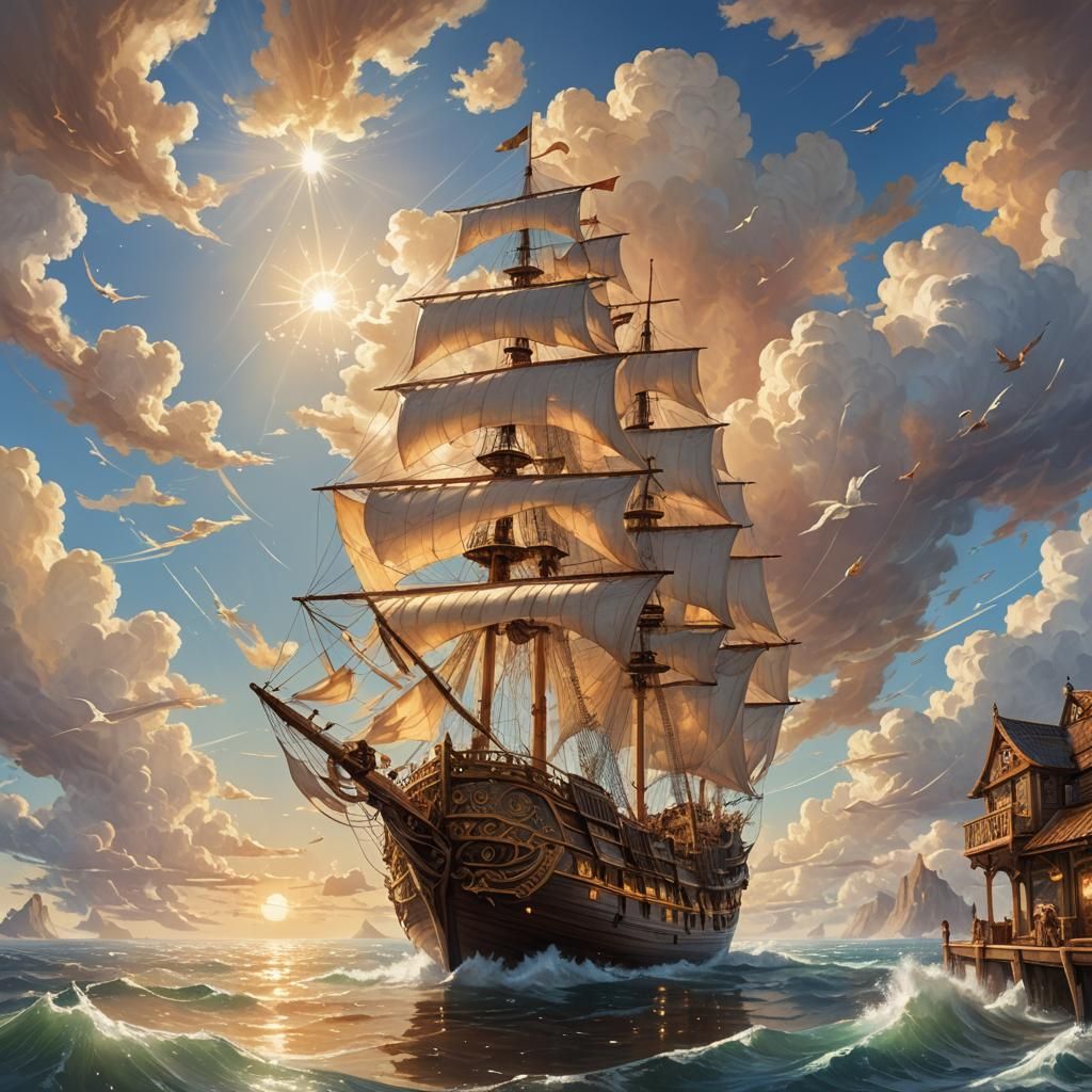 Majestic Ship Sailing on Clouds in Fantasy Art
