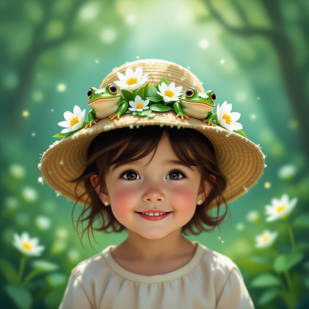 Child Wearing Frog Hat In Enchanted Forest