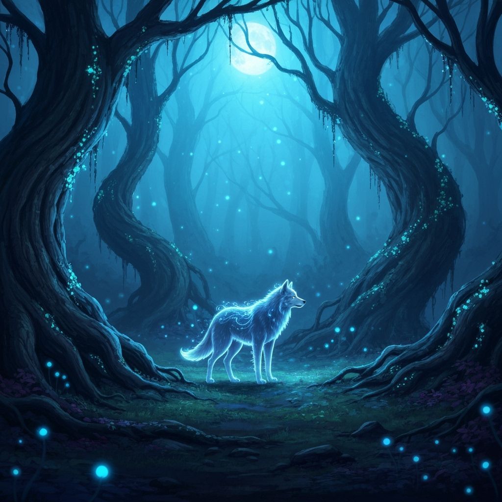 Lone Wolf in Mystical Moonlight Forest Clearing