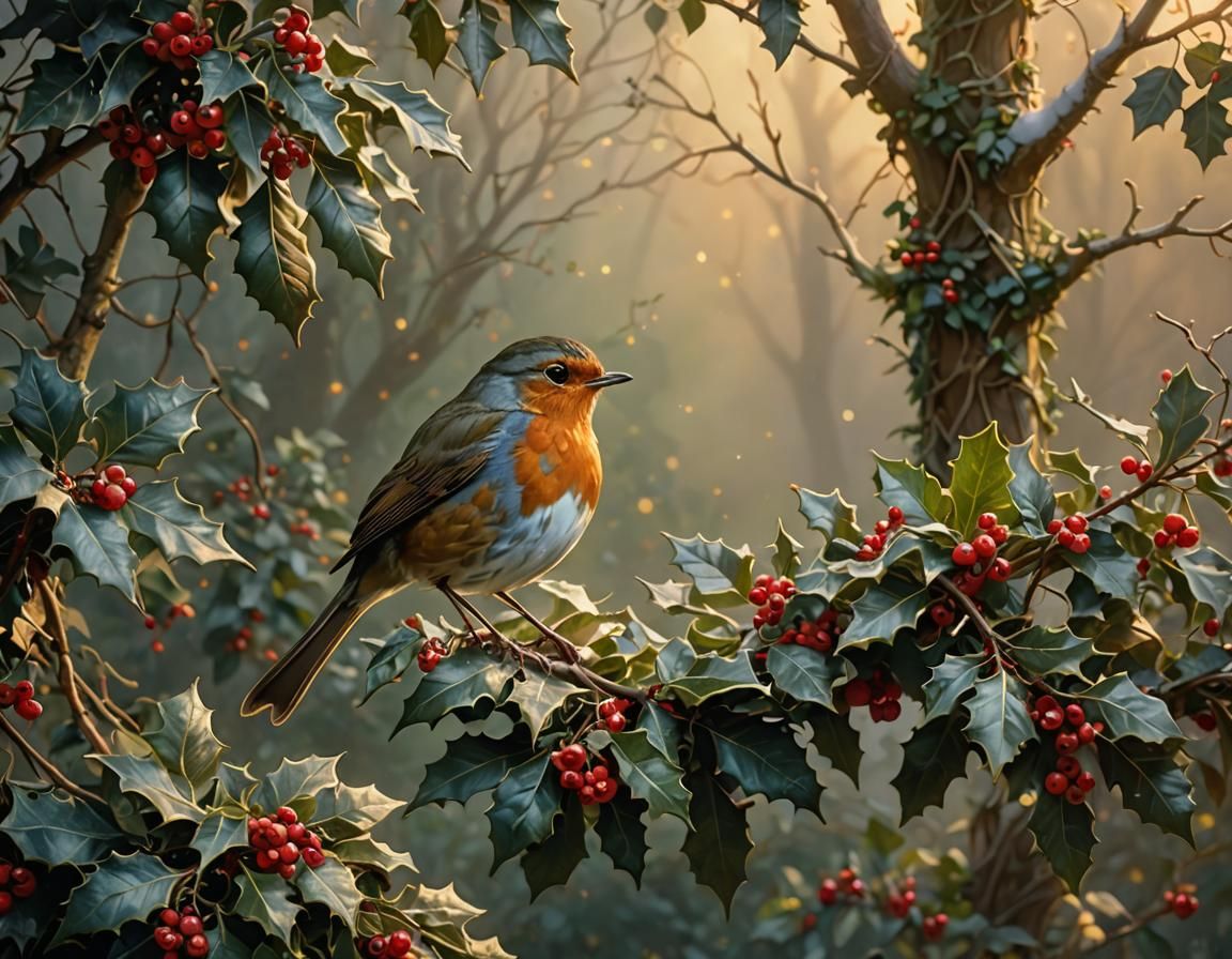 Robin on Holly Bush in Ethereal Fantasy Style