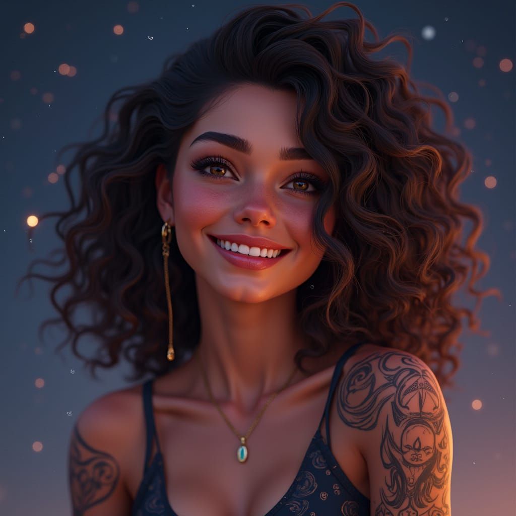 Stunning Female Portrait with Curly Hair and Celestial Backg...