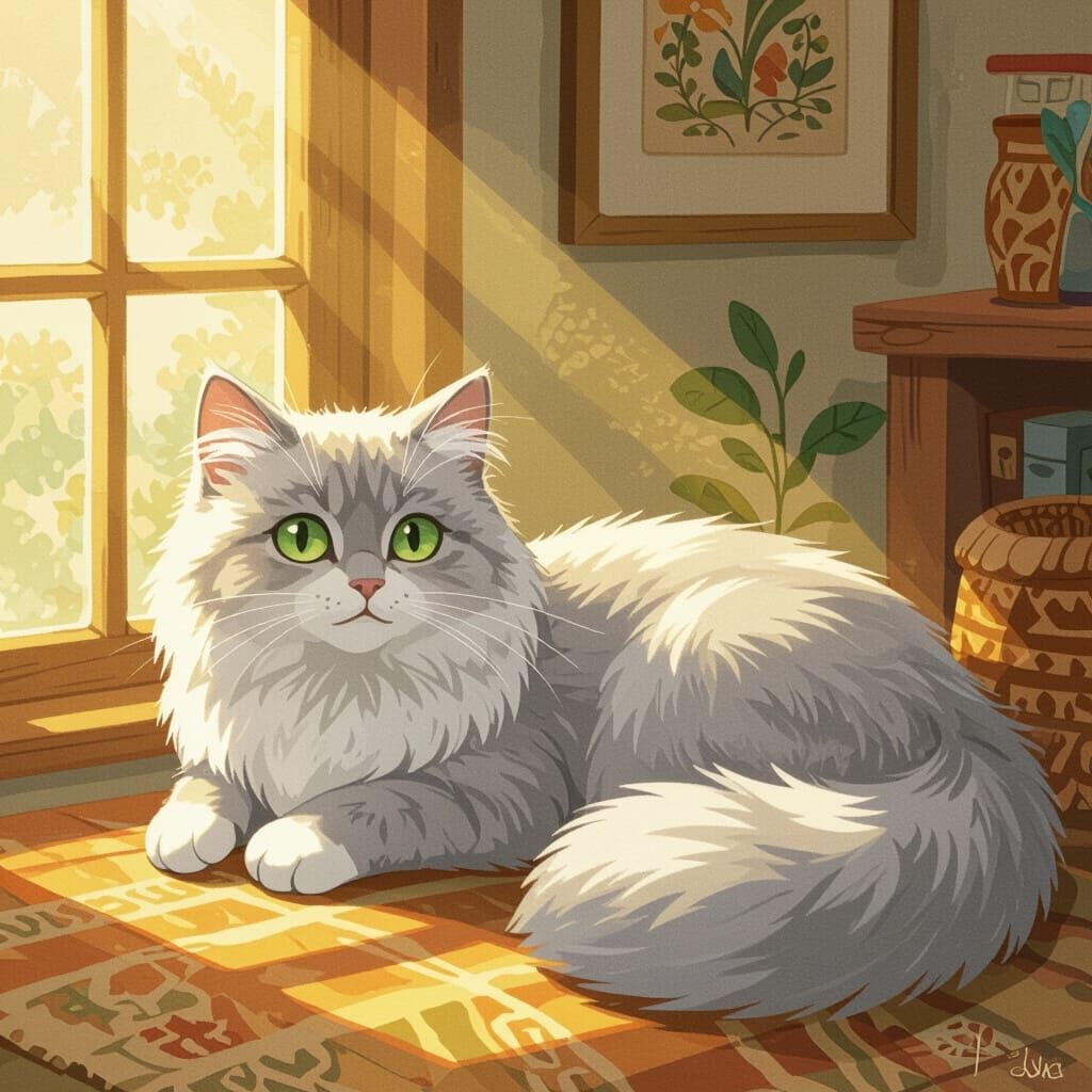 Grey Cat Lounging in Sunbeam, Whimsical Art Style