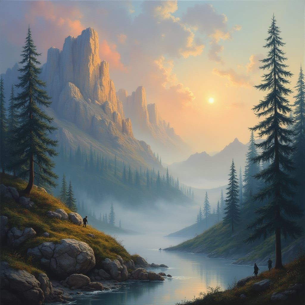 Ethereal Fantasy Landscape in Abstract Cubist Style