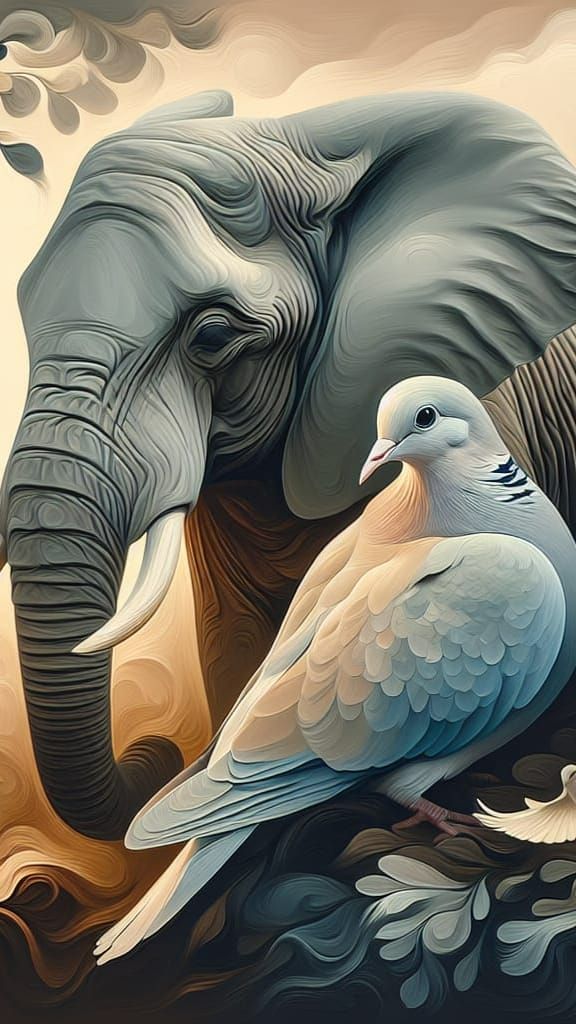 Elephant and Dove Coexisting in Tranquility as Abstract Art