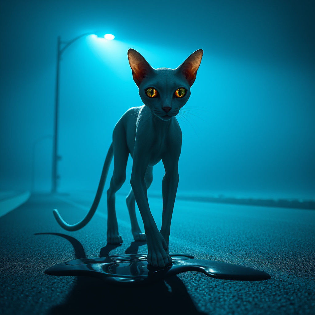 Eerie Feline Figure Under Streetlight, in Dark Mystical Styl...