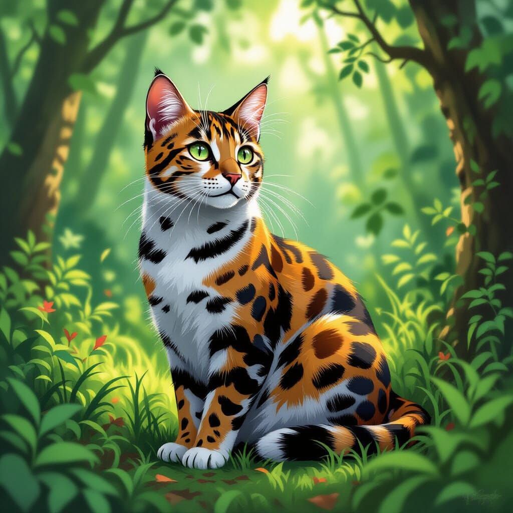 Leopard Calico Hybrid in Lush Forest, Loish Style