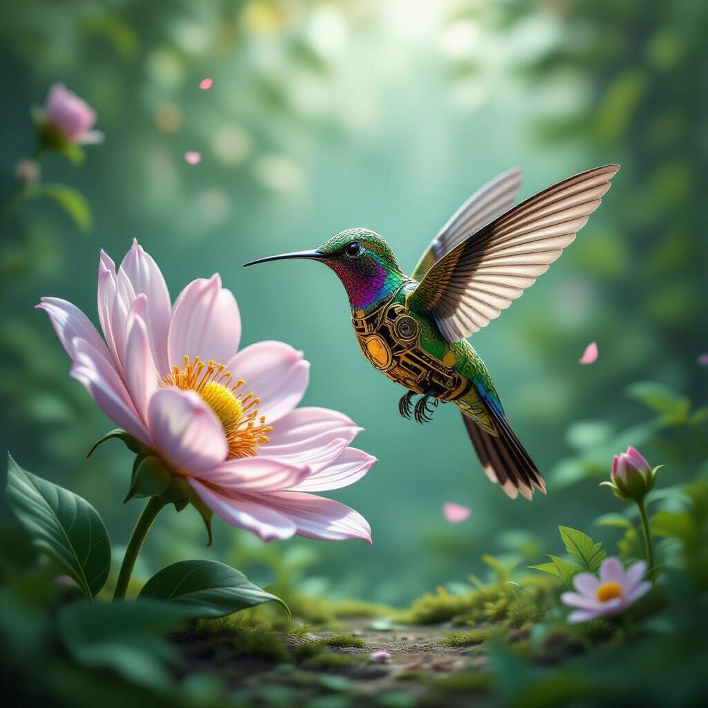 Mechanical Hummingbird and Crystal Flower in Overgrown Garde...