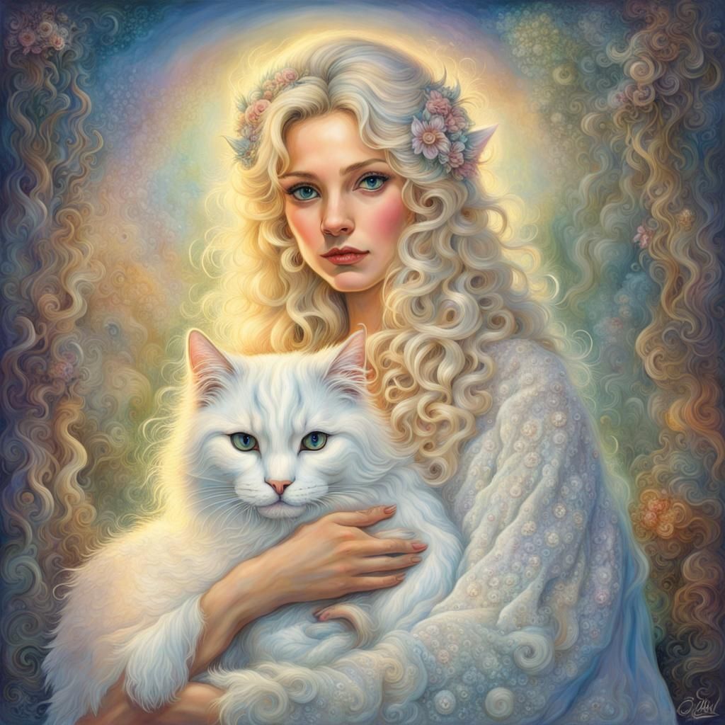 Woman with White Cat in Fantasy Style